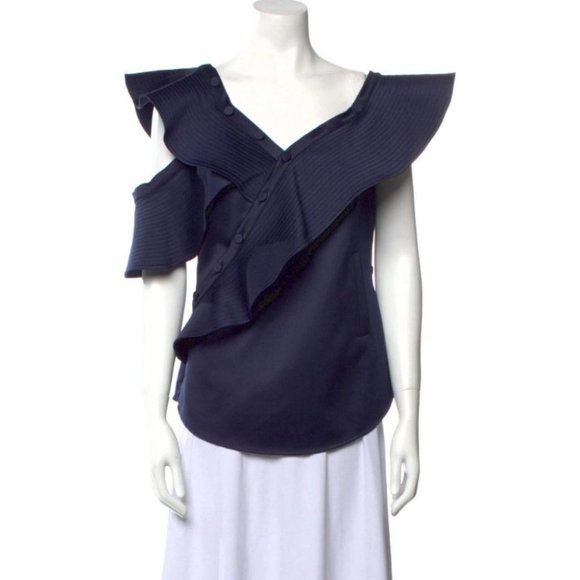 Self-Portrait royal blue off shoulder ruffled blouse in duchess satin size 6 - Picture 13 of 16